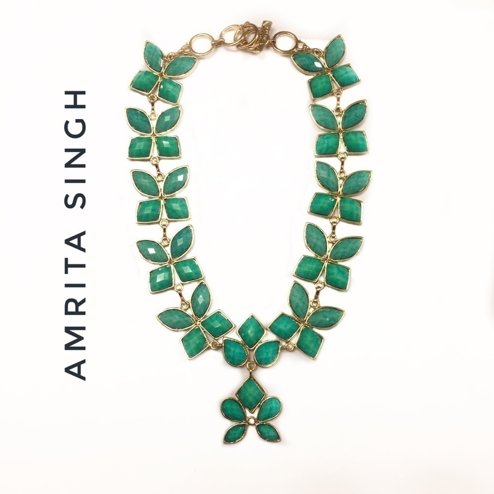 Amrita Singh Statement Necklace faceted stones Green Gold Floral look Boho